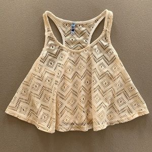 Lace Crop Tank Top Shirt Cream Womens Blue Bly Heart Love Medium M